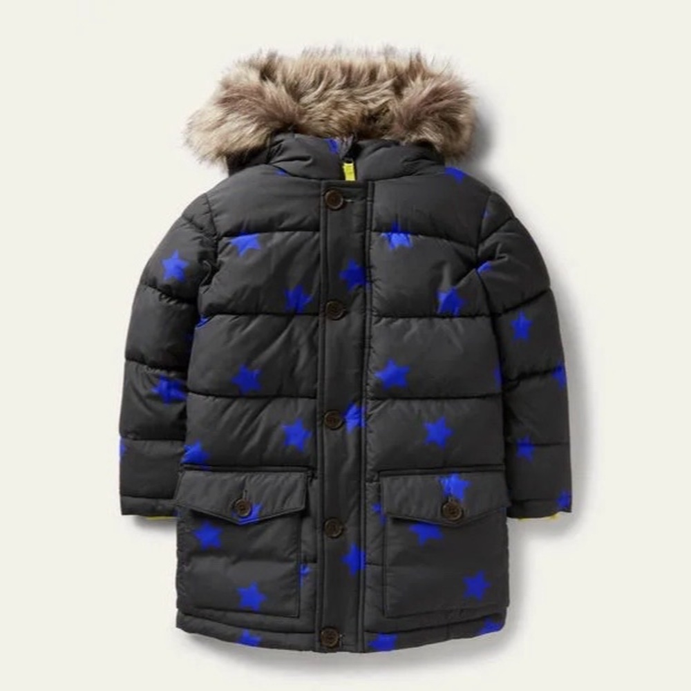Mini Boden Black Puffer Coat with Blue Star Print and Faux Fur Hood